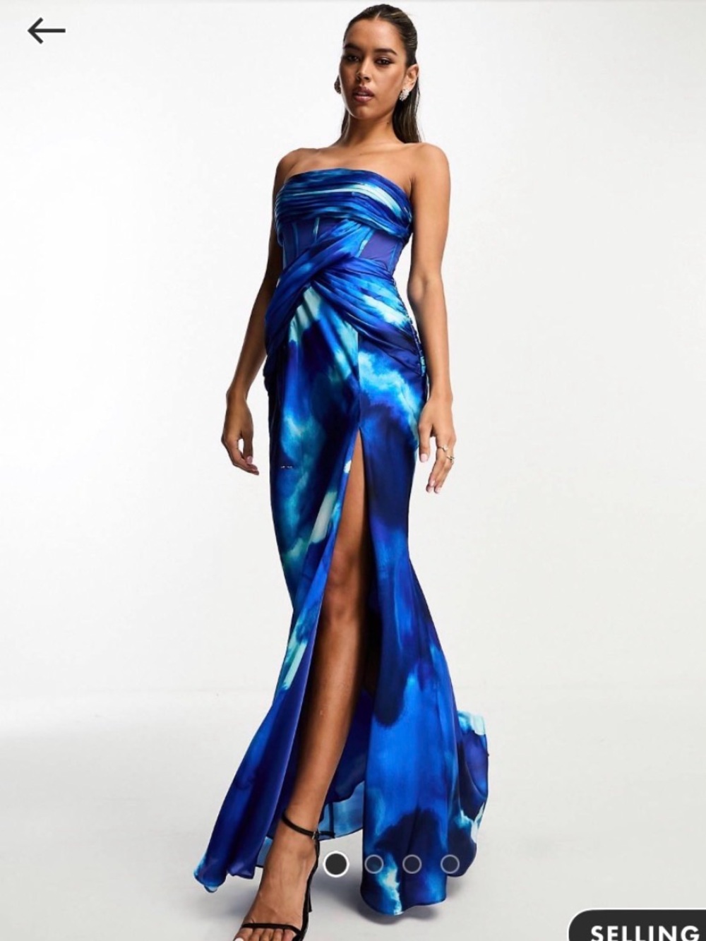 ASOS Blue Watercolor Strapless Maxi Skirt with Twist Detail and High Slit